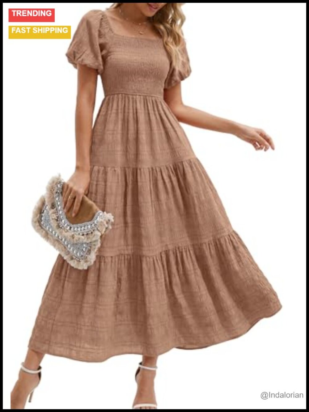 Puff Short Sleeve Square Neck Tiered Maxi Dress A-Line Backless